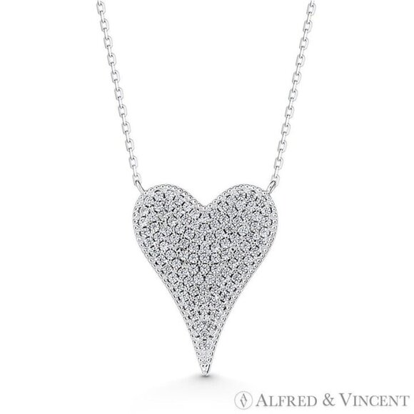 Large Heart CZ Crystal Pave Love Charm Necklace in 925 Sterling Silver w/Rhodium - Picture 1 of 1